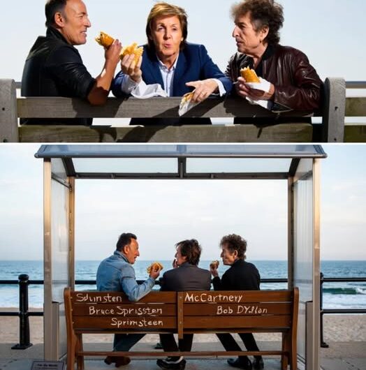 Beneath the soft haze of Asbury Park’s afternoon mist, three of music’s greatest storytellers—Bruce Springsteen, Paul McCartney, and Bob Dylan—gathered at a weathered bench facing the sea, quietly revisiting the moments that shaped their lives. 