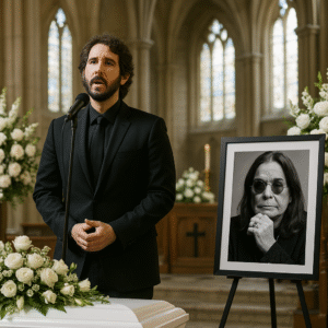 No guitars, no drums — only Josh Groban’s voice rising in a cathedral blanketed with white flowers at Ozzy Osbourne’s funeral. One single note, held in sacred stillness, seemed to stop time as every eye turned toward him. No one spoke. No one dared to breathe… but Sharon Osbourne’s reaction after the final note left guests frozen — something, they knew, had truly reached the soul.