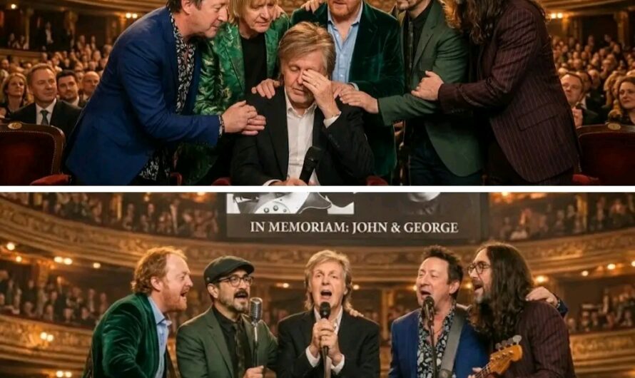 THE MOMENT ALL FIVE OF THE BEATLES’ CHILDREN STEPPED IN TO HUG PAUL McCARTNEY — WITH JOHN AND GEORGE ON THE SCREEN BEHIND HIM